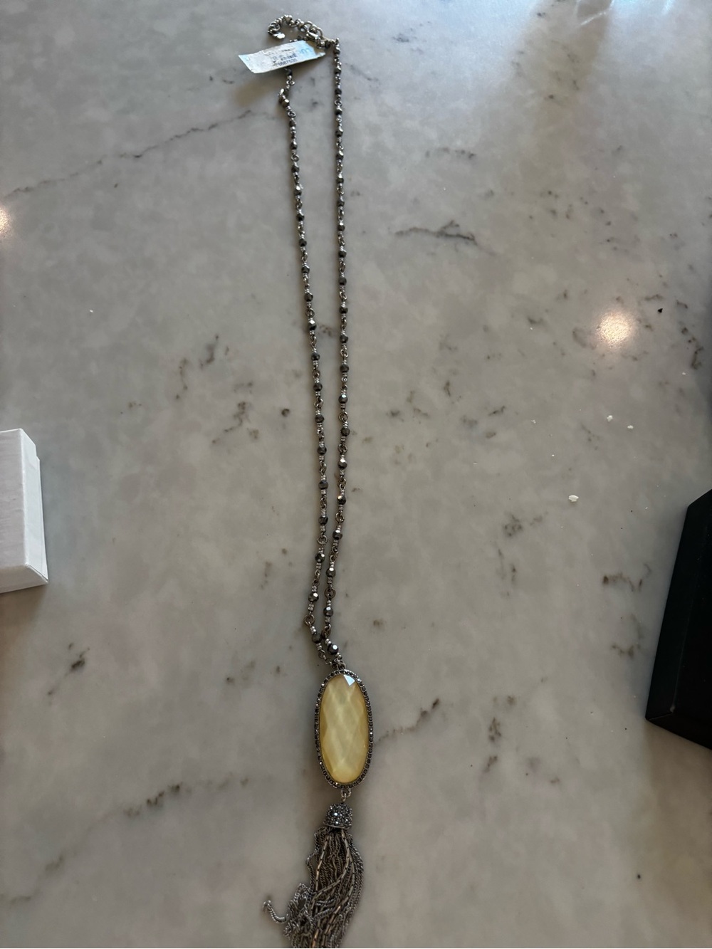 Long Silver Pendant Necklace with Green Stone and Tassel - Picture 4 of 7